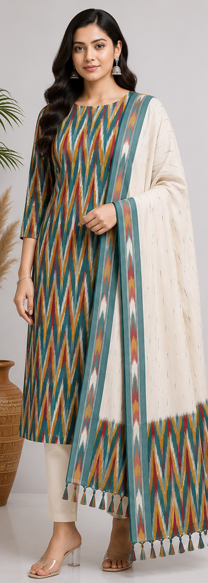 Ikkat Pure Cotton Dress Material Set