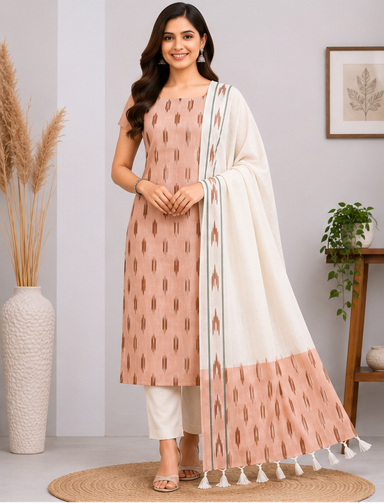 Ikkat Pure Cotton Dress Material Set