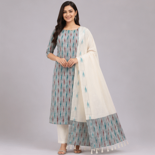 Ikkat Pure Cotton Dress Material Set