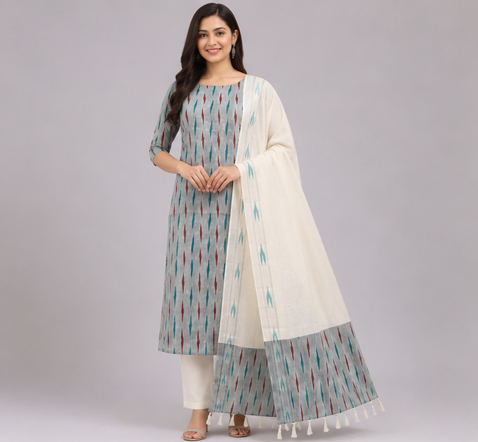 Ikkat Pure Cotton Dress Material Set
