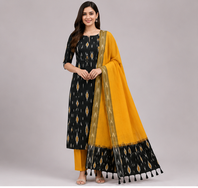 Ikkat Pure Cotton Dress Material Set