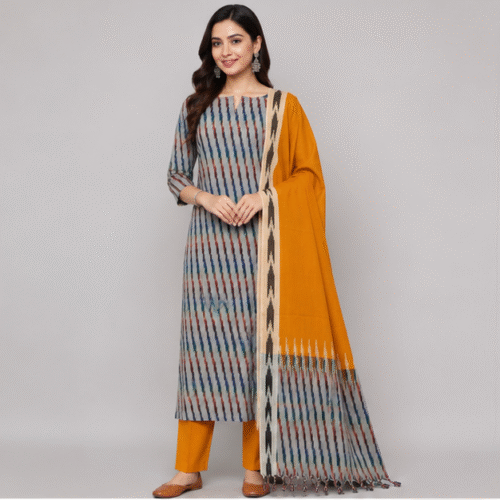 Ikkat Pure Cotton Dress Material Set