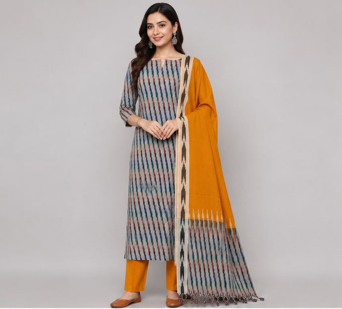 Ikkat Pure Cotton Dress Material Set