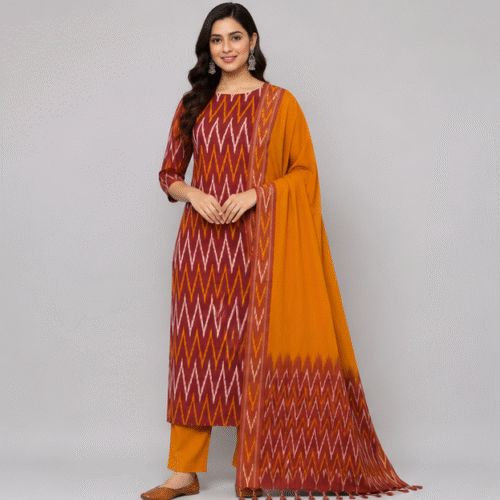 Ikkat Pure Cotton Dress Material Set