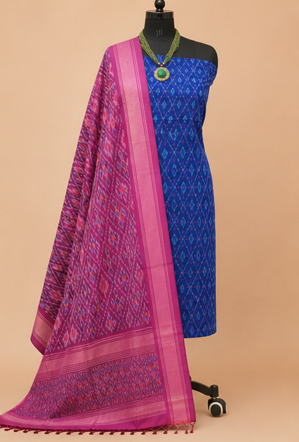 Ikat Silk Two Piece Dress Material Set - Image 3