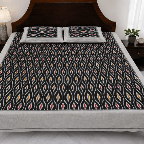 Pochampally Handloom Premium Ikkat Cotton Bedsheet – 2/17s Fine Thread, 90 × 108 Inches