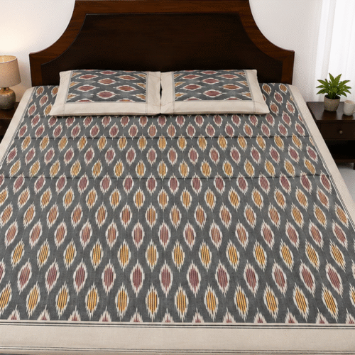 Pochampally Handloom Premium Ikkat Cotton Bedsheet – 2/17s Fine Thread, 90 × 108 Inches