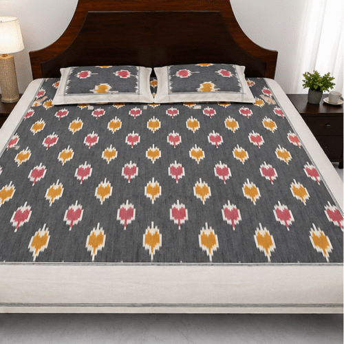 Pochampally Handloom Premium Ikkat Cotton Bedsheet – 2/17s Fine Thread, 90 × 108 Inches