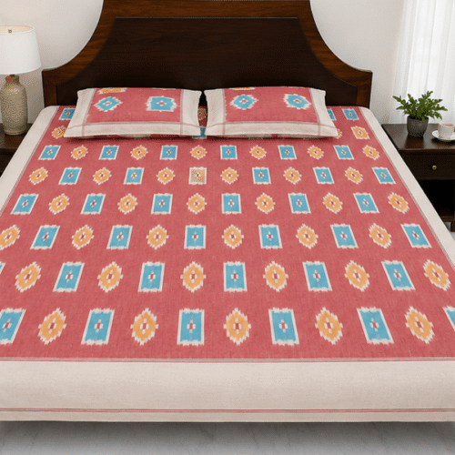 Pochampally Handloom Premium Ikkat Cotton King Bedsheet – 2/17s Fine Thread, 100× 110 Inches